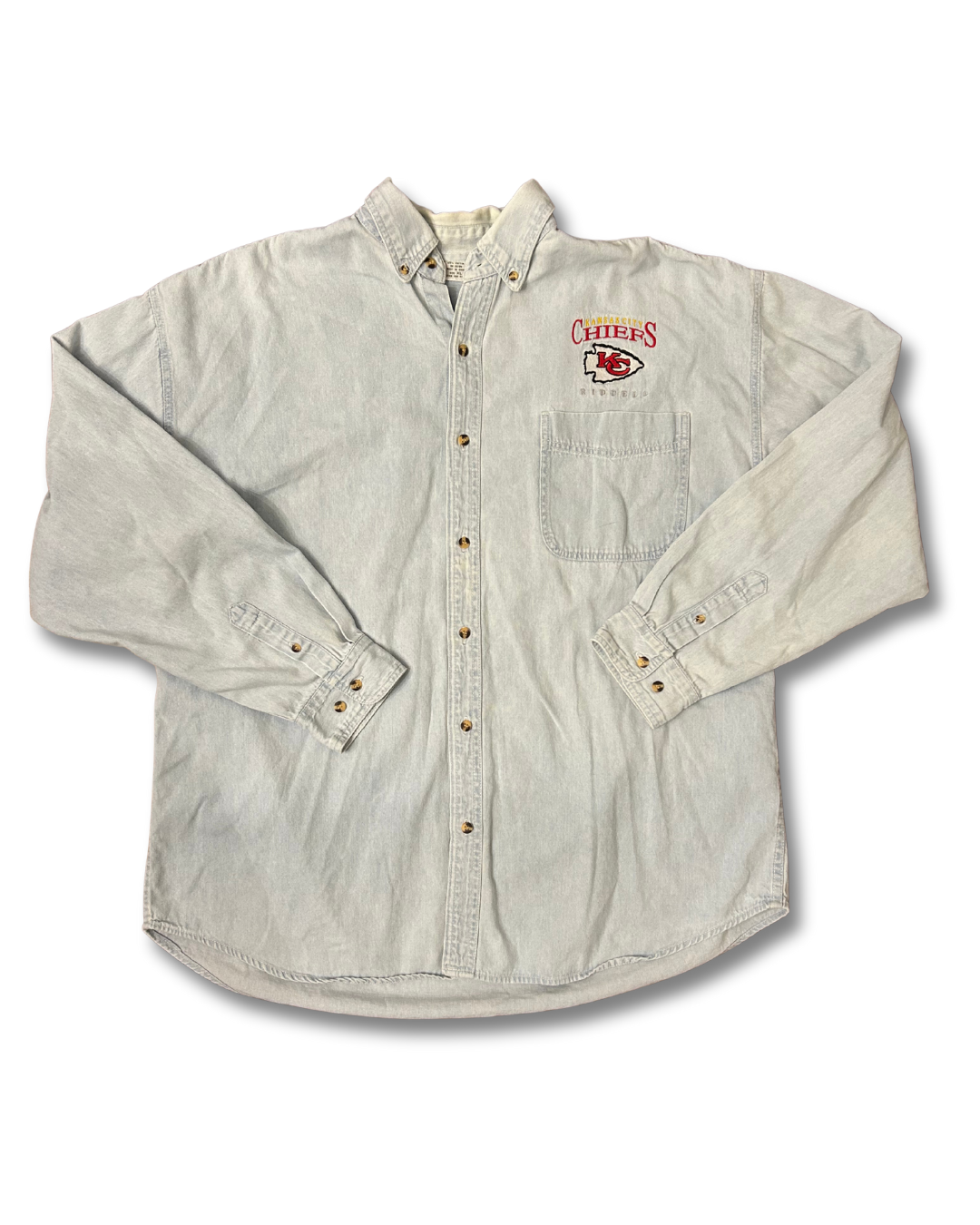 VINTAGE Embroidered Denim Chiefs Button Down Light Wash Chambray Shirt