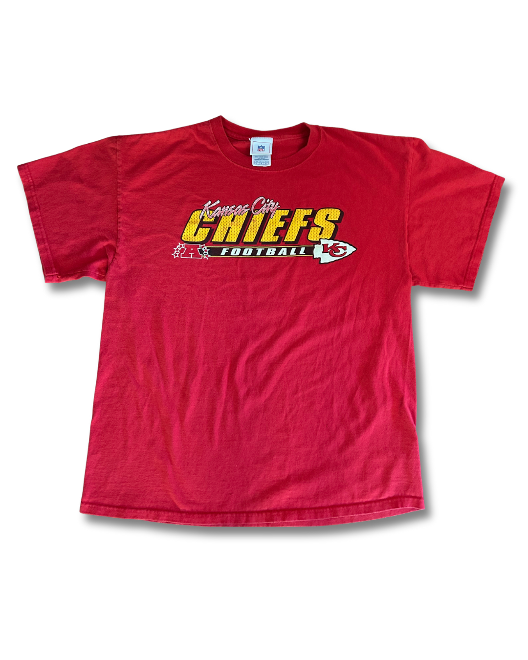 VINTAGE Kansas City Chiefs Red Tee – “Kansas City Chiefs Football” Chest Graphic
