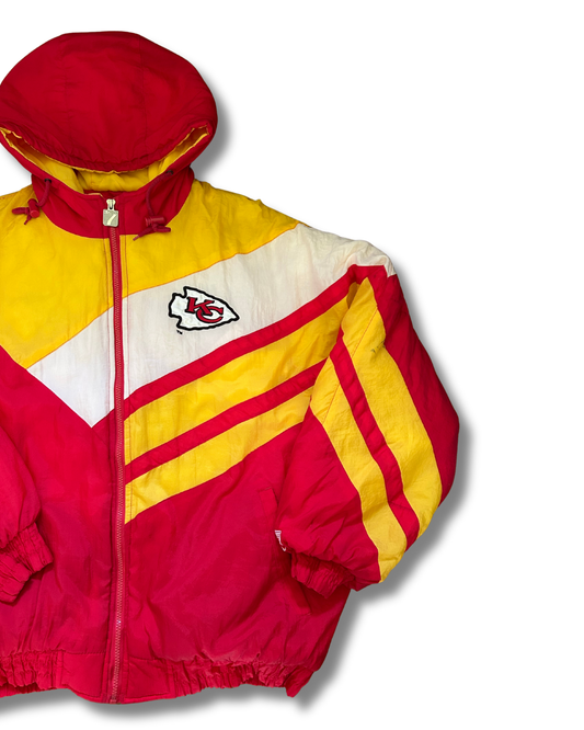 VINTAGE 1990s Kansas City Chiefs Logo Athletic Puffer Jacket (Red/Yellow/White – Hooded)
