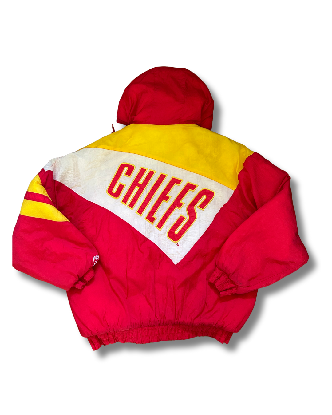 VINTAGE 1990s Kansas City Chiefs Logo Athletic Puffer Jacket (Red/Yellow/White – Hooded)
