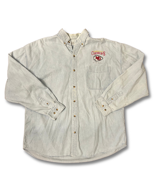 VINTAGE Embroidered Denim Chiefs Button Down Light Wash Chambray Shirt