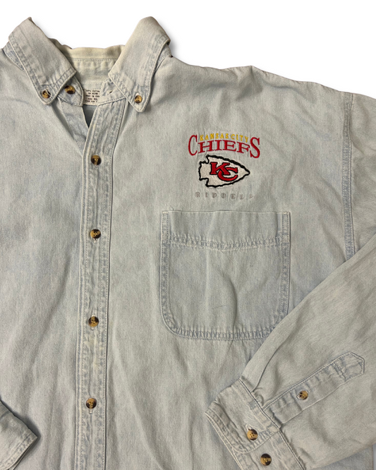 VINTAGE Embroidered Denim Chiefs Button Down Light Wash Chambray Shirt