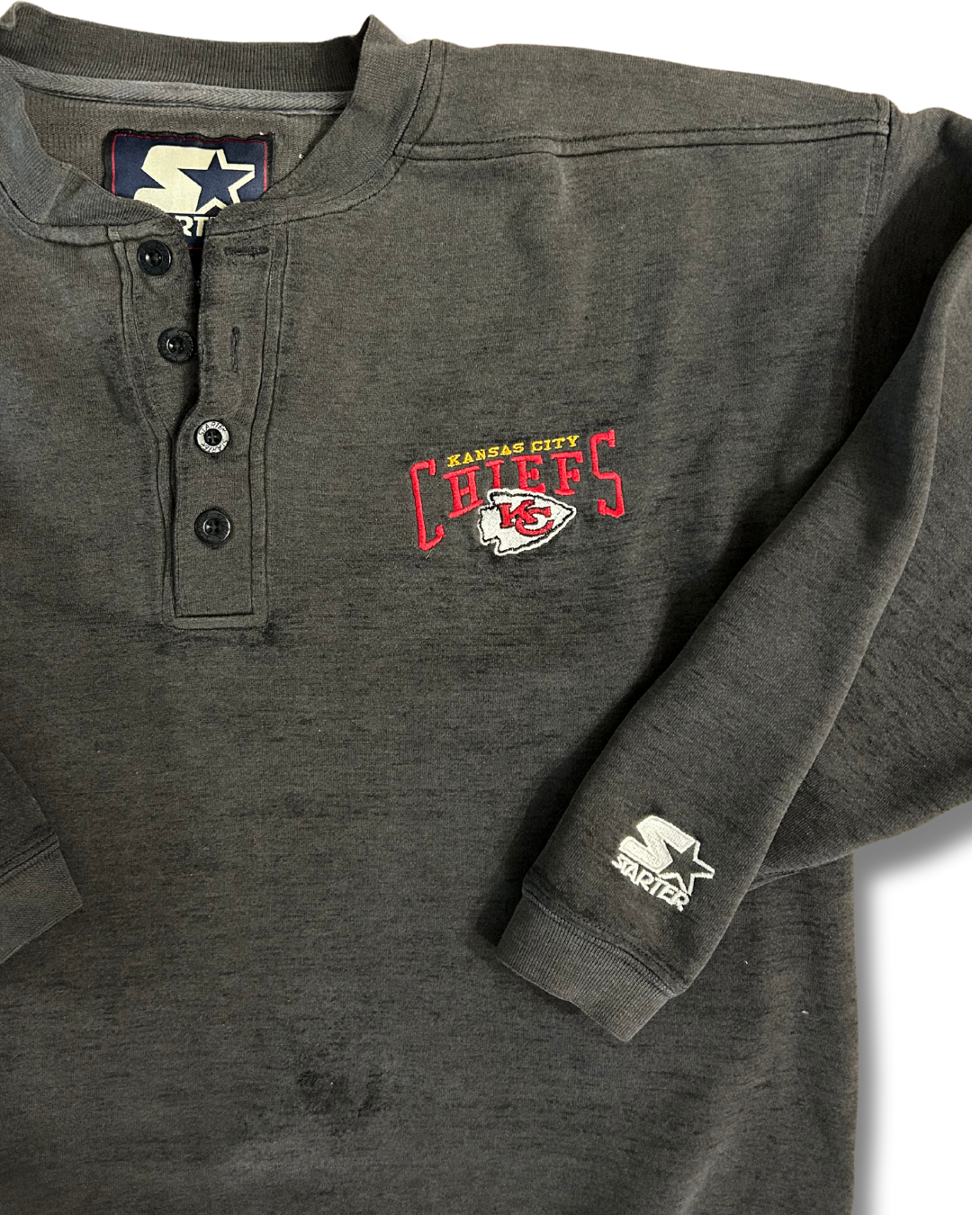 VINTAGE Starter Brand Chiefs Embroidered Grey Henley Sweatshirt