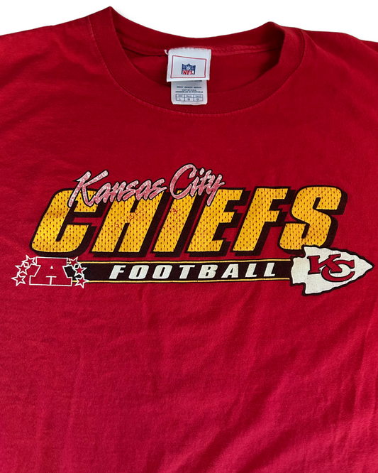VINTAGE Kansas City Chiefs Red Tee – “Kansas City Chiefs Football” Chest Graphic