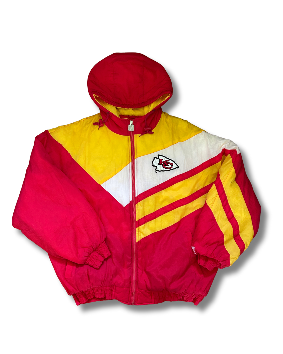 VINTAGE 1990s Kansas City Chiefs Logo Athletic Puffer Jacket (Red/Yellow/White – Hooded)