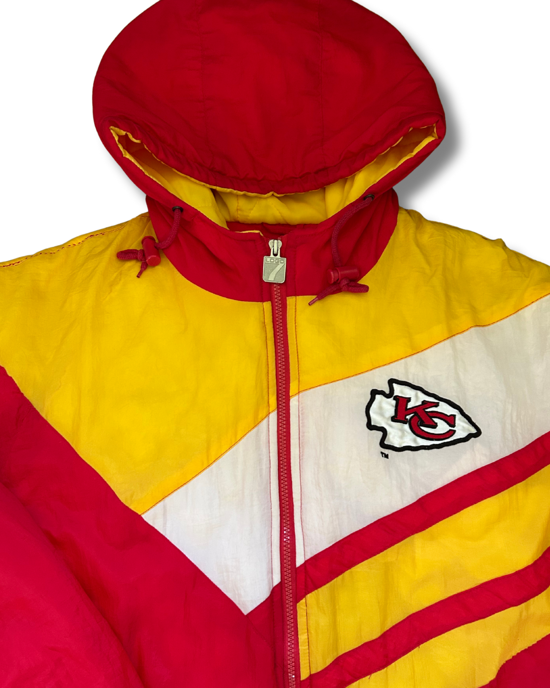 VINTAGE 1990s Kansas City Chiefs Logo Athletic Puffer Jacket (Red/Yellow/White – Hooded)