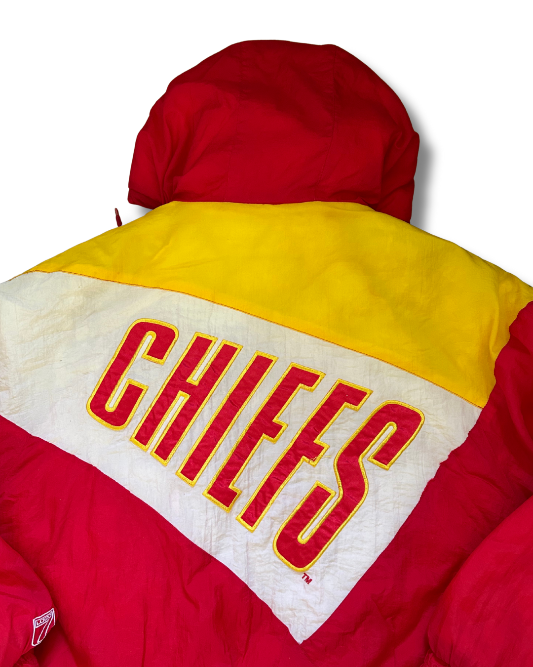 VINTAGE 1990s Kansas City Chiefs Logo Athletic Puffer Jacket (Red/Yellow/White – Hooded)